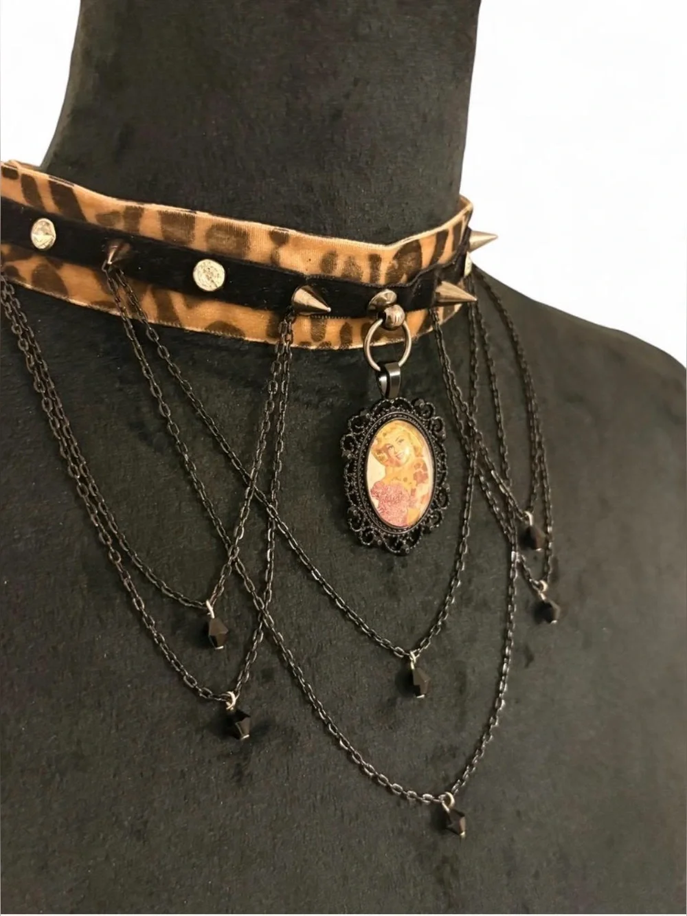 Leopard Print Black velvet, spike, rhinestone, Chain & Cameo Choker Necklace